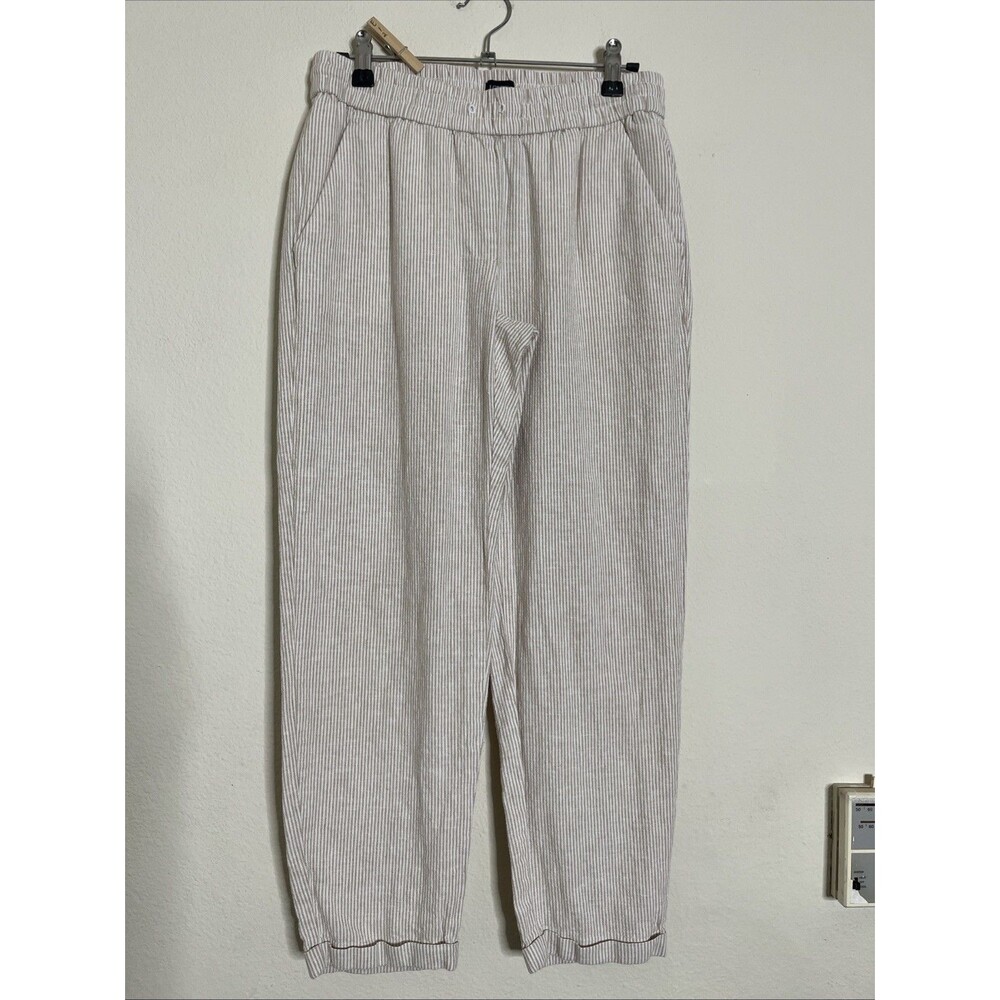 J.Crew SZ 2 Linen Striped Cuffed Tapered Leg Pull On Elastic Waist Pants Beige